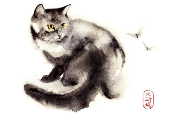 Download Watercolor Zen Art, Cat &amp; Butterfly - Art Collection