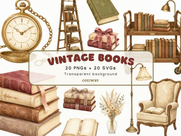 Download Vintage Books Watercolor Clipart PNG SVG - Art Collection