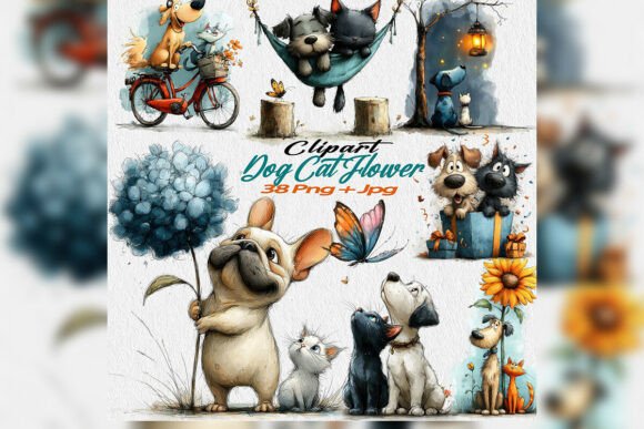 Download Whimsical Dog Cat Flower Clipart PNG Set - Art Collection