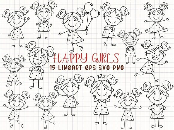 Download Happy Girls Line Art Stick Figure Girl - Art Collection